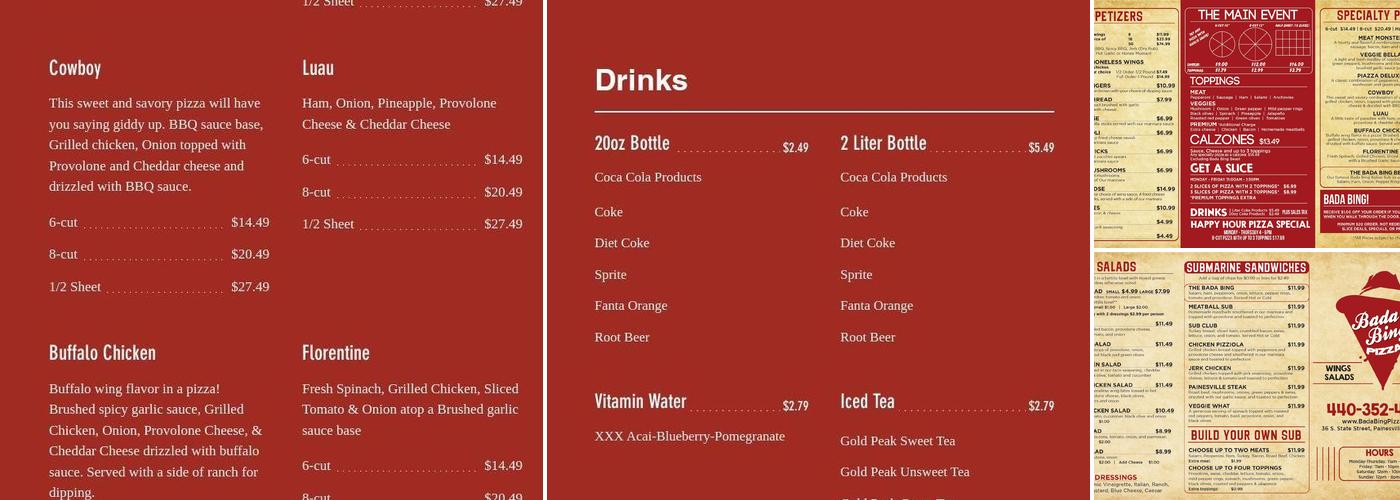 Bada Bing Pizza Menu