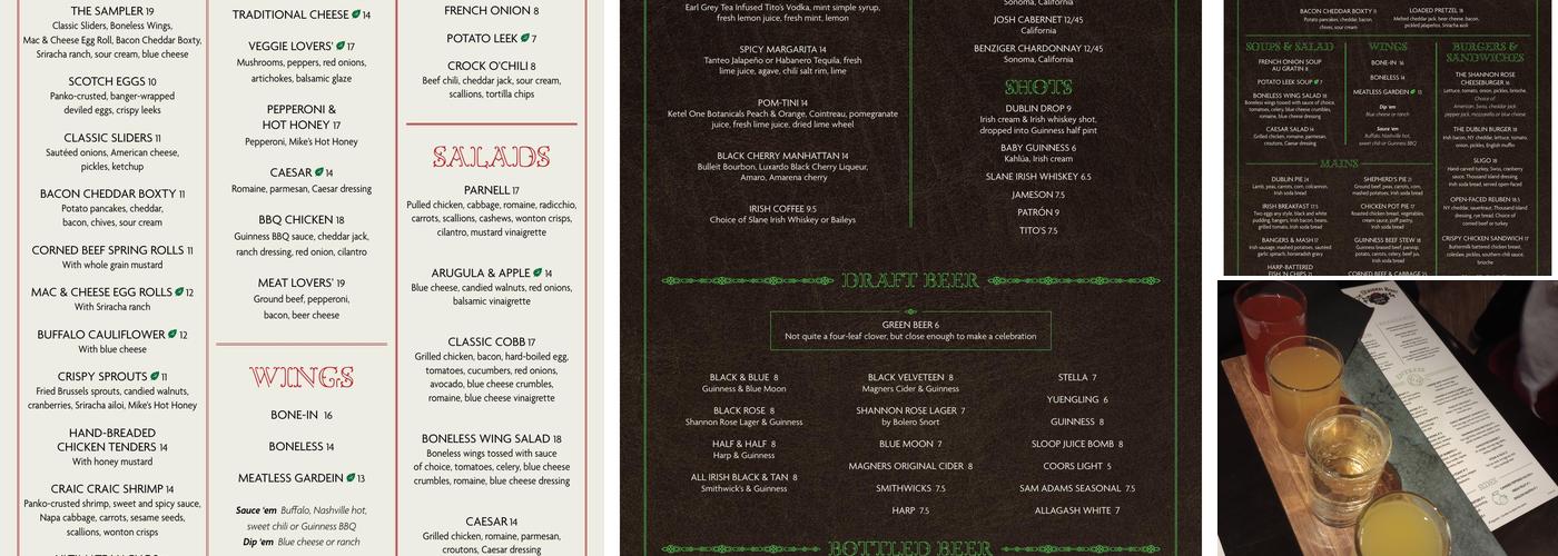 The Shannon Rose Menu