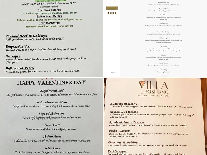 Villa Positano Menu