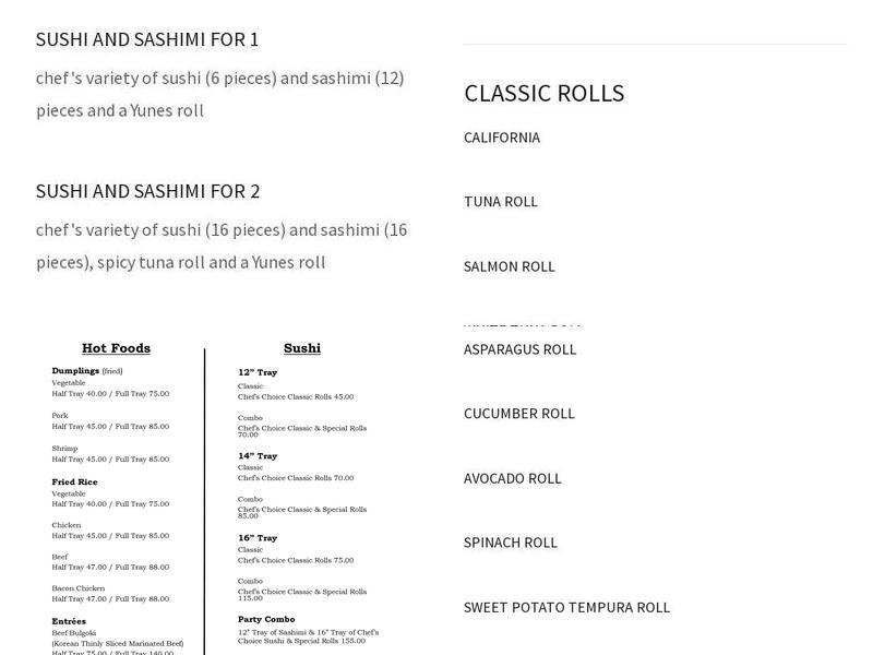 Yune's Sushi Menu