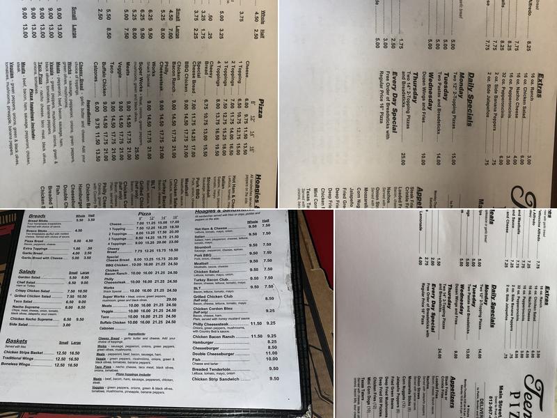 Teenas Pizza Menu