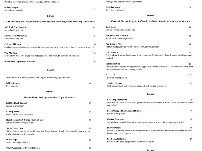 Dante's Italian Restaurant, Private Parties and Catering Menu