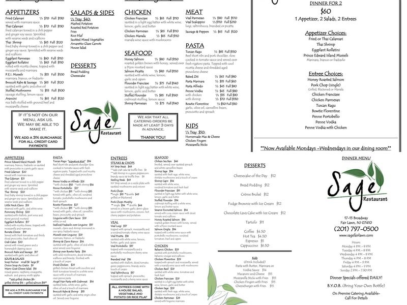 Sage Restaurant Menu