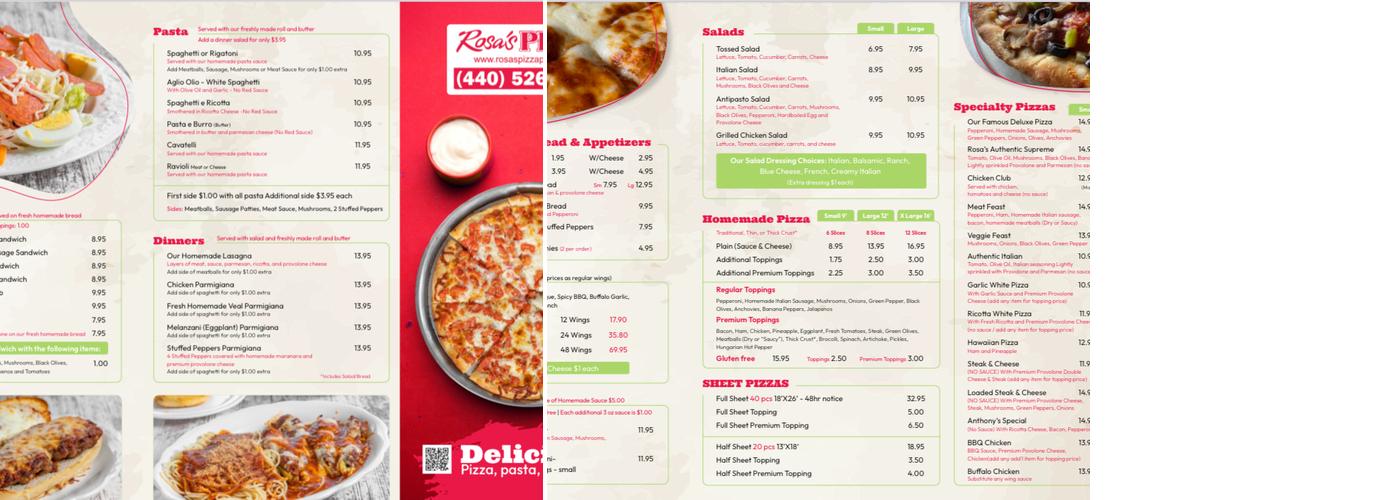 Rosa's Pizza Menu