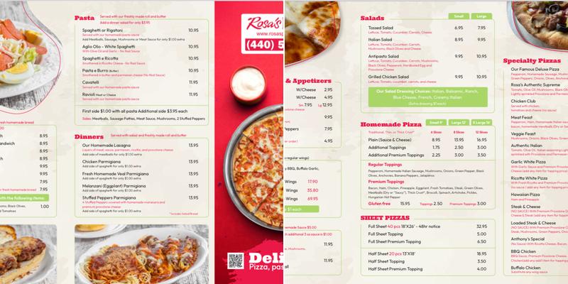 Rosa's Pizza Menu