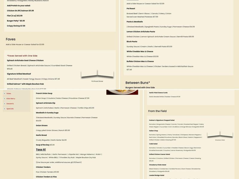 Hudson's Restaurant Menu