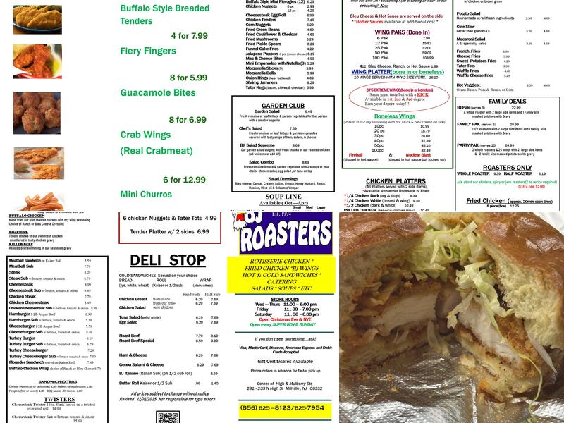 B J Roasters Menu