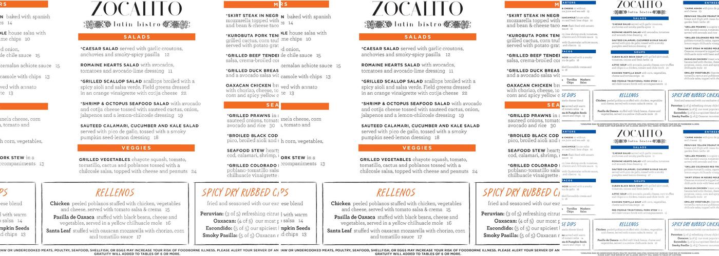 Zocalito Latin Bistro Menu