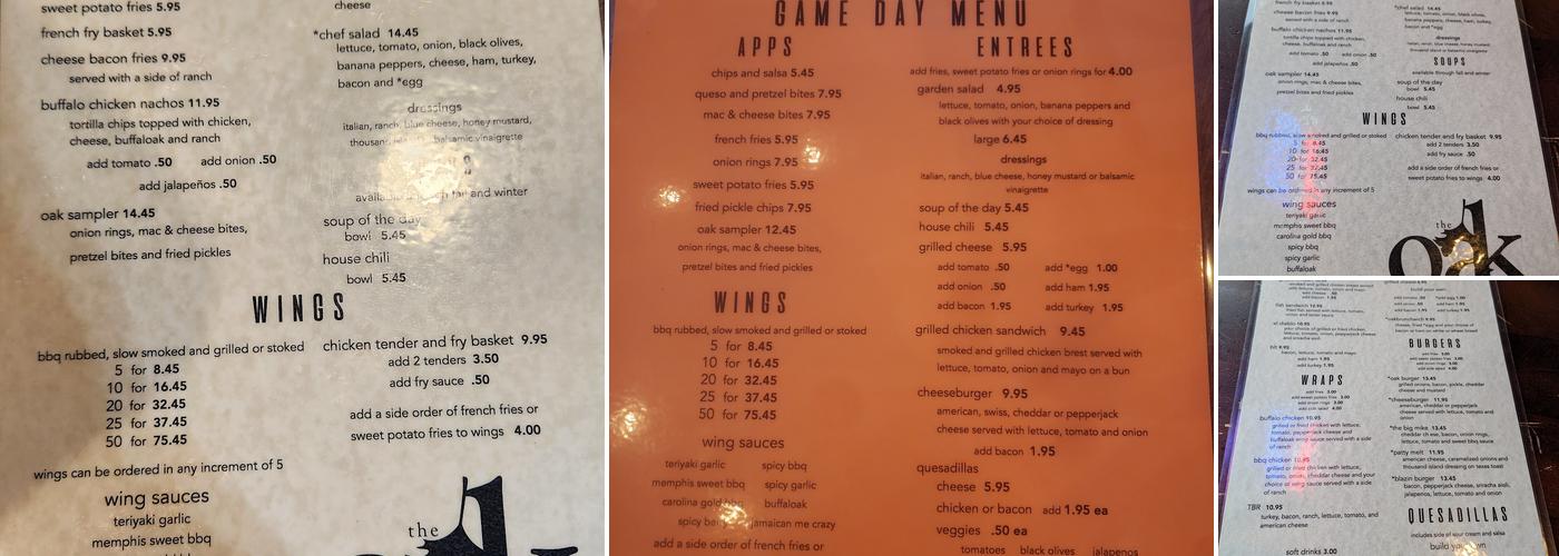 Oak Tavern Menu