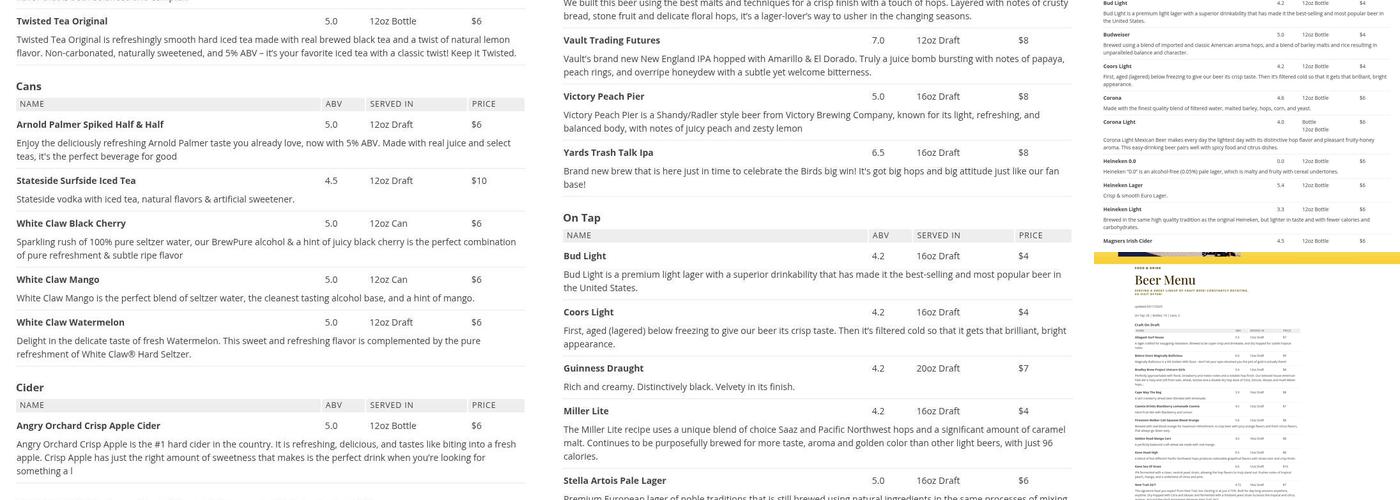 Tavern On The Lake Menu