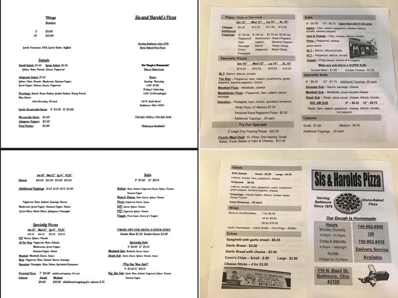 Sis & Harold's Pizza Menu