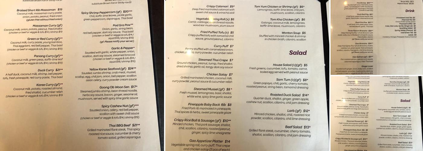 Gao Thai Kitchen Menu