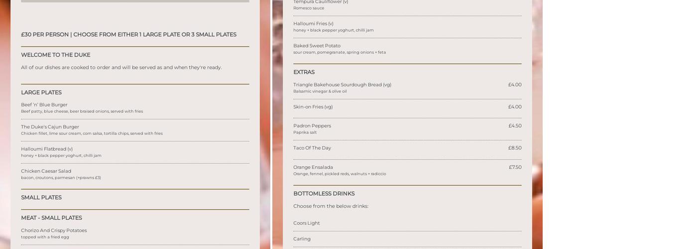 Duke Of York Menu