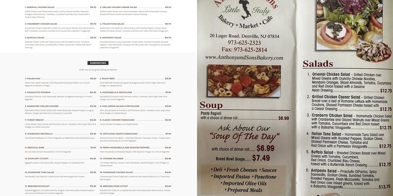 Anthony & Sons Bakery Menu