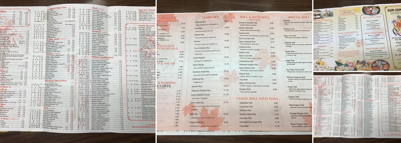 Sunhing Menu
