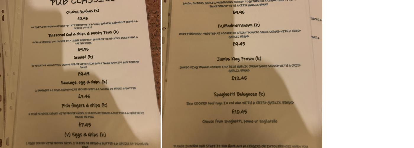 Ye Olde Earl Grey Inn Menu