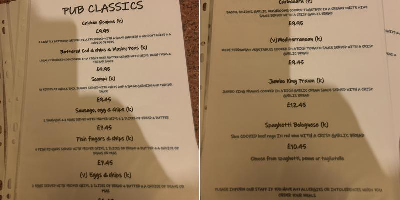 Ye Olde Earl Grey Inn Menu