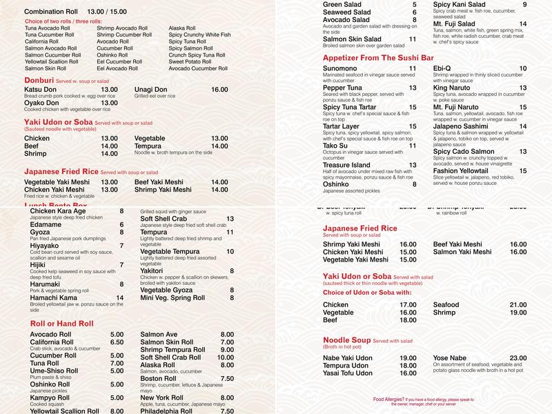 Mt Fuji Restaurant Menu