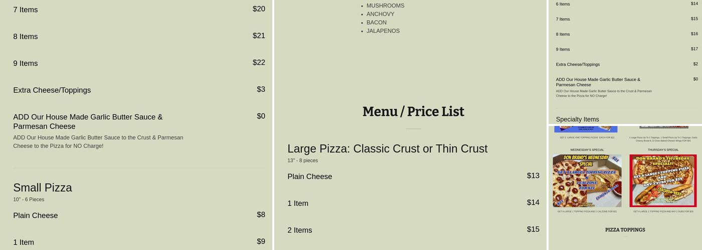 Don Brand's Pizza Menu