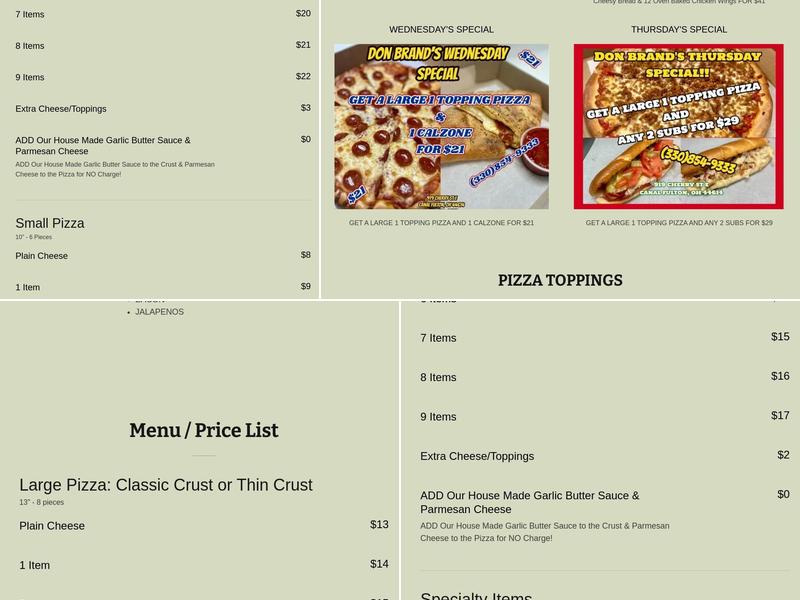Don Brand's Pizza Menu