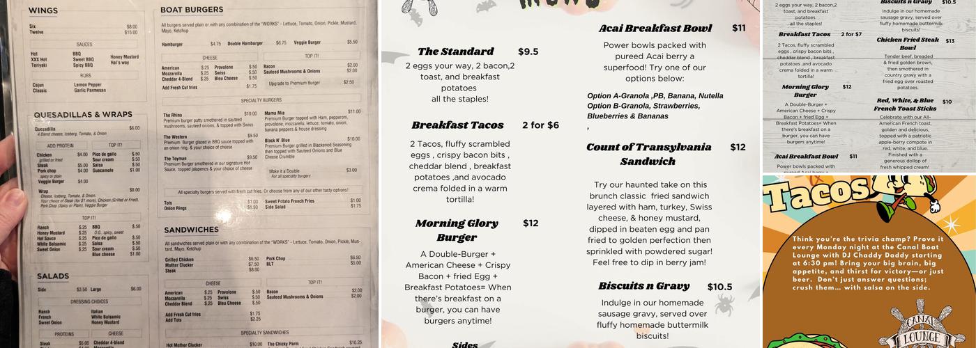 Canal Boat Lounge Menu