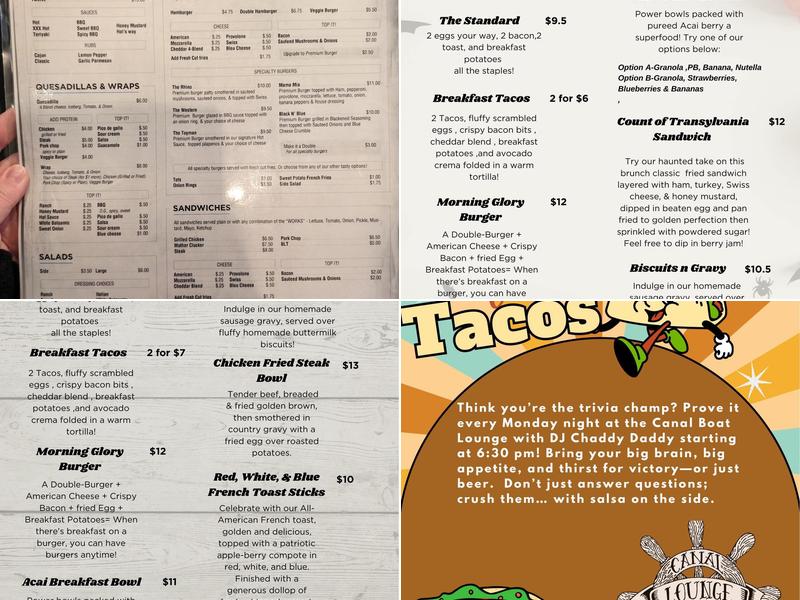 Canal Boat Lounge Menu