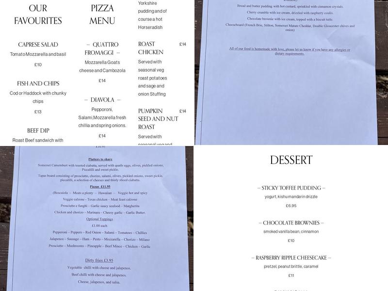 The Royal Oak, Pewsey Menu