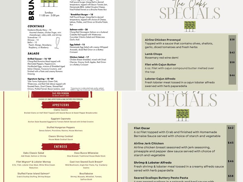 The Oaks Menu