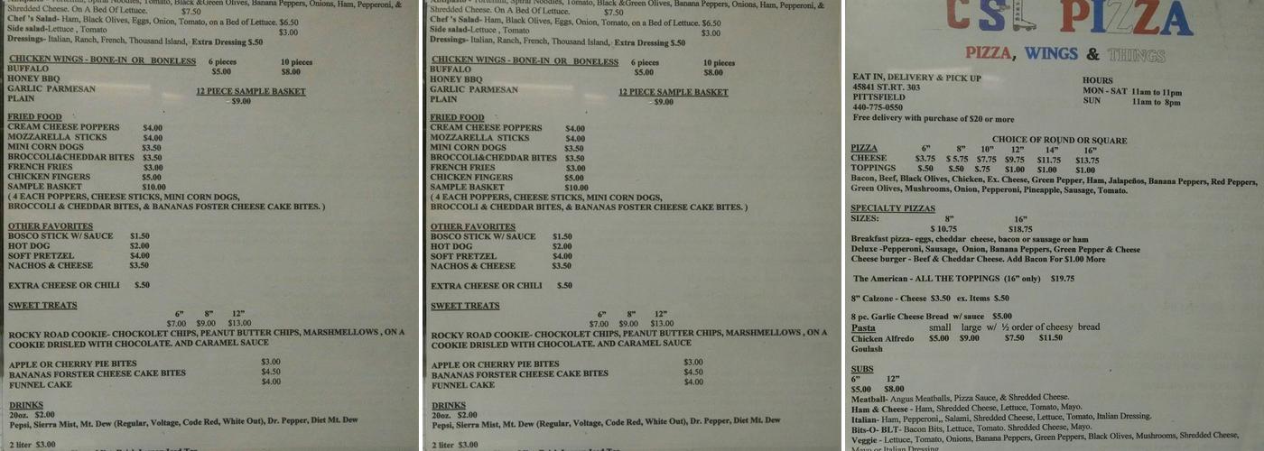 CSL PIZZA Menu