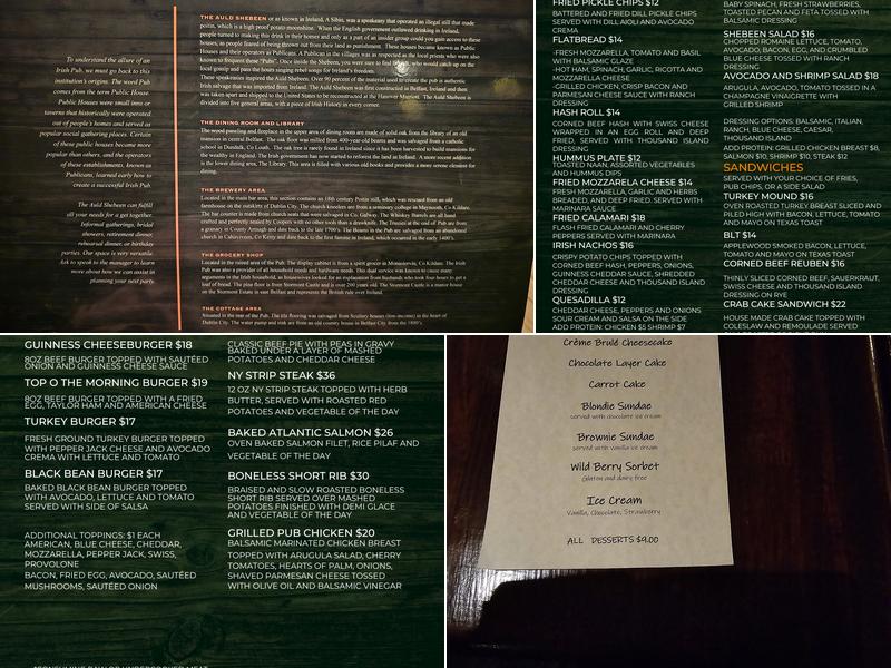 The Auld Shebeen Pub Menu