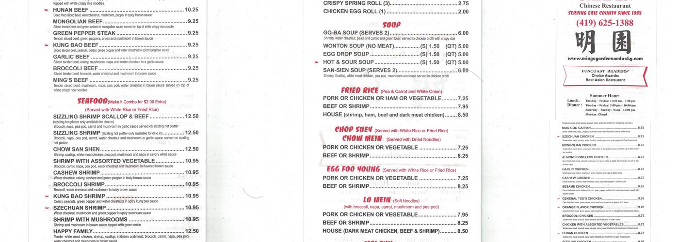 Ming's Garden Menu