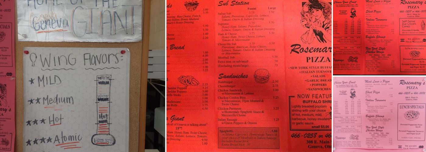 Rosemary's Pizza Menu