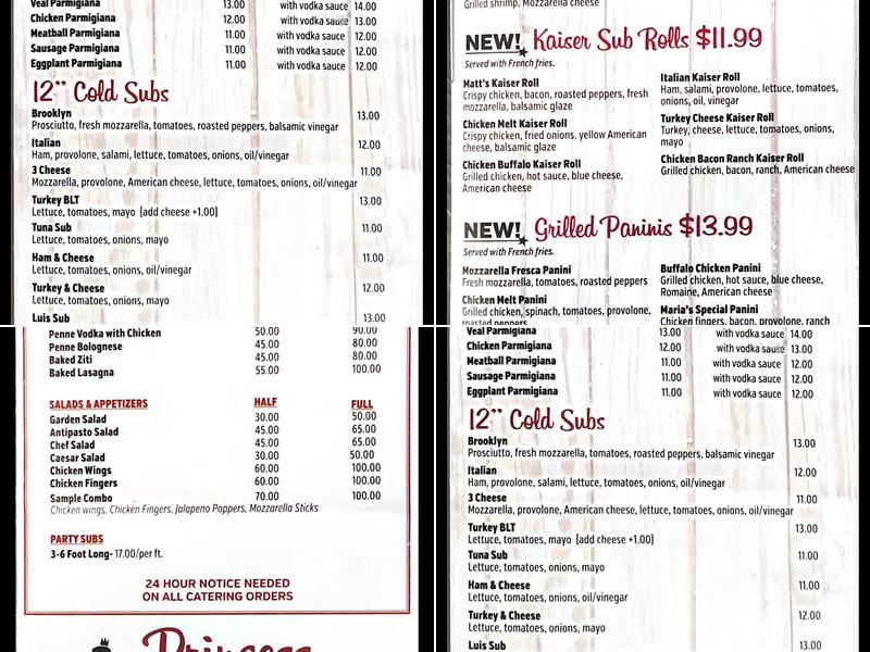 Princess Maria's pizza Menu