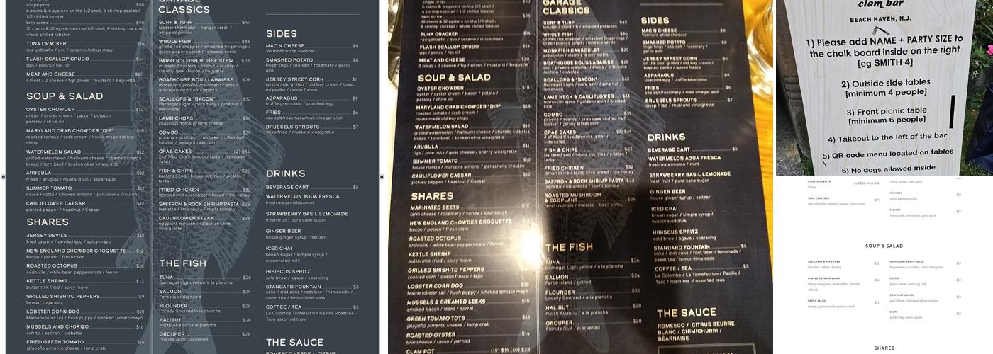 Parker's Garage & Oyster Saloon Menu