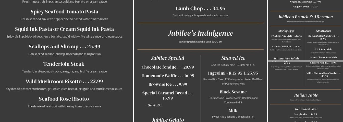 Jubilee Chocolatier Menu