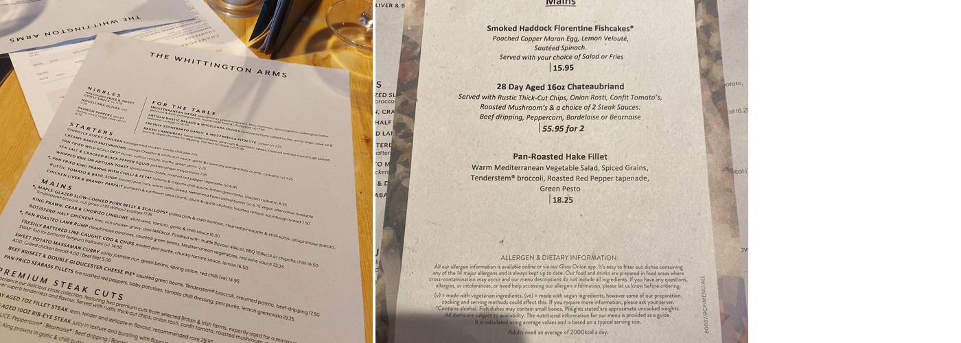 Whittington Arms Lichfield Menu