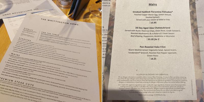 Whittington Arms Lichfield Menu