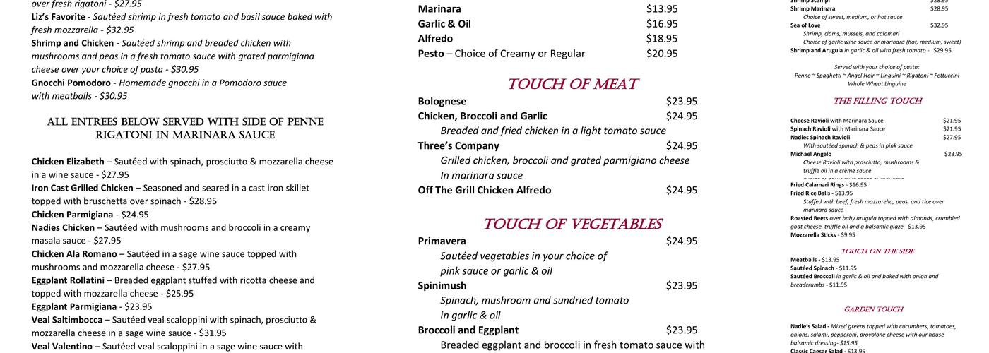 Nadie's Touch of Pasta Menu