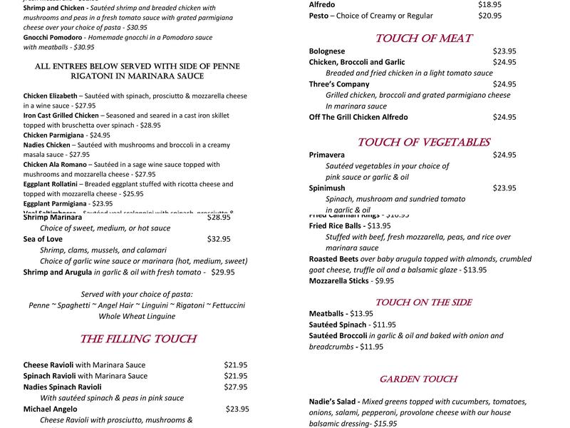 Nadie's Touch of Pasta Menu