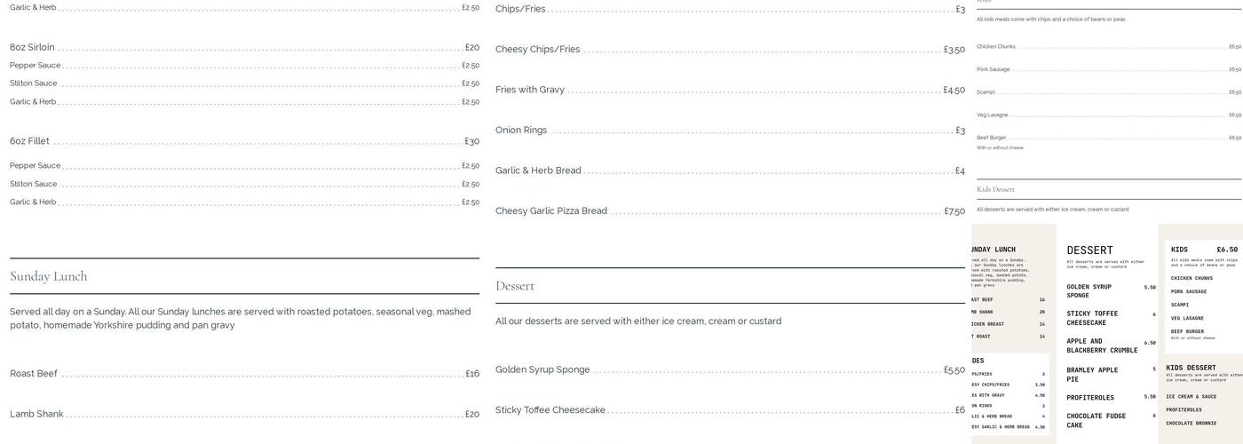 The Cavendish Arms, Doveridge Menu