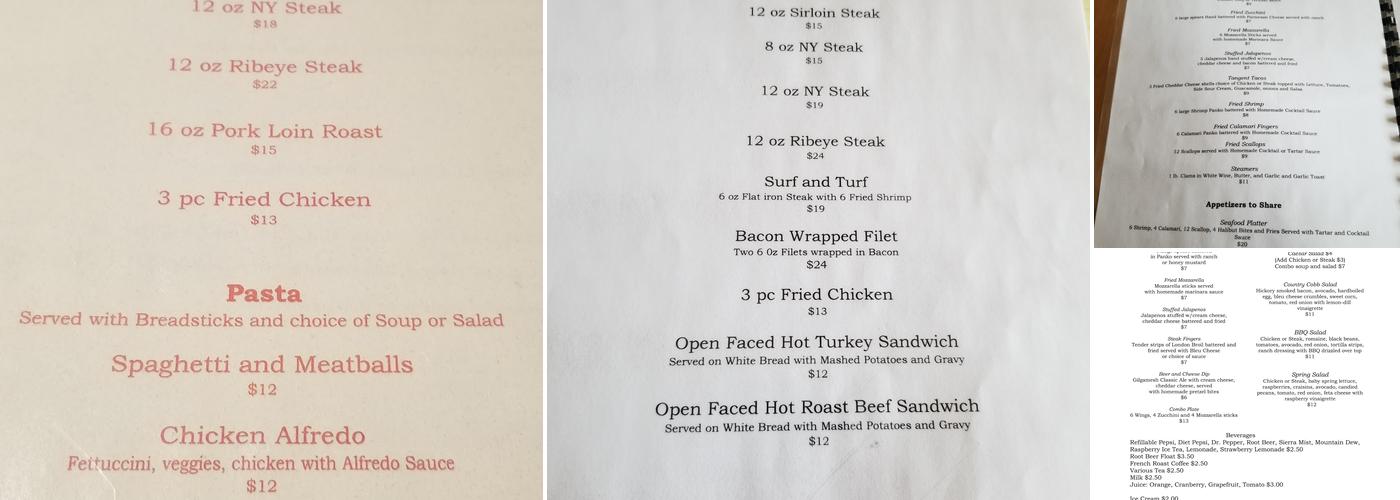Tangent Inn Menu