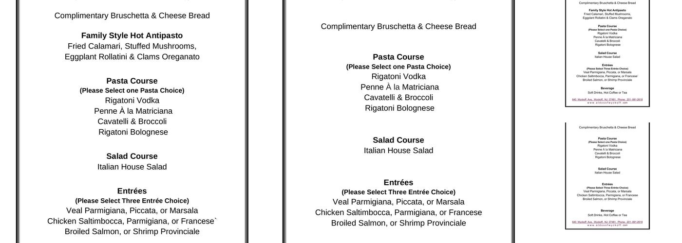 Aldo's Italian Restaurant & Pane E Vino / Wyckoff Menu
