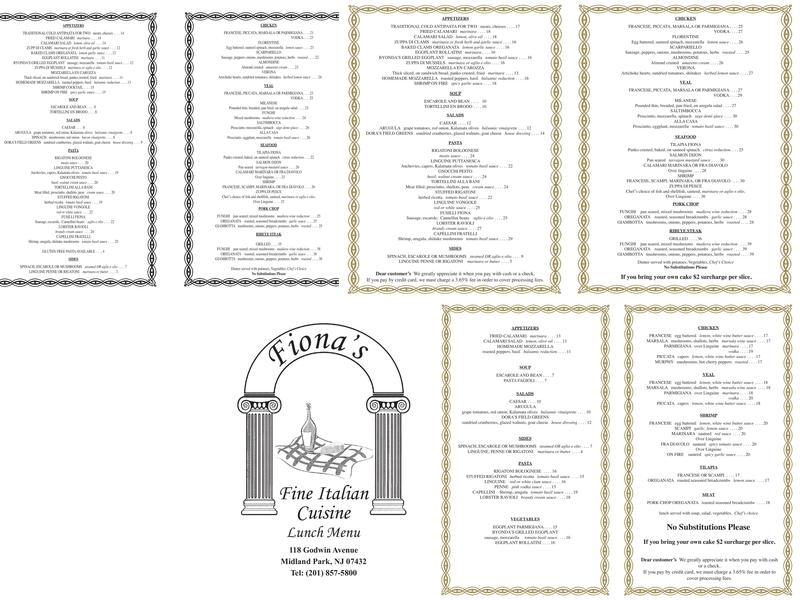 Fiona's restaurant Menu