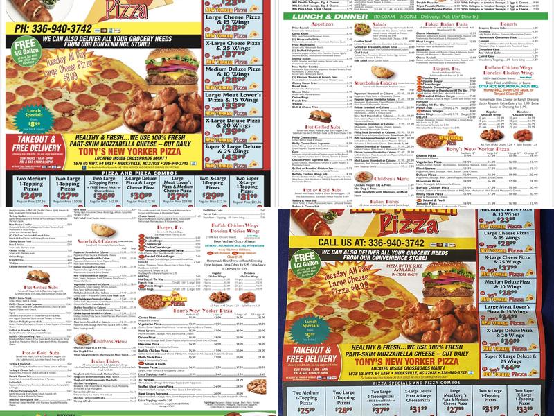 Tony's New Yorker Pizza Mocksville Menu