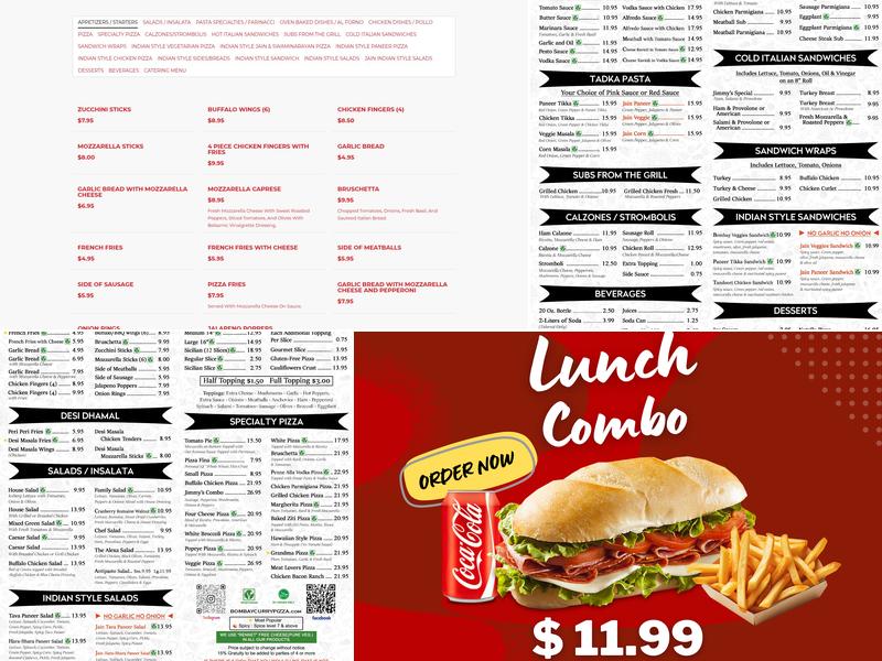 Jimmy Tomato’s And Bombay Curry Pizza Menu