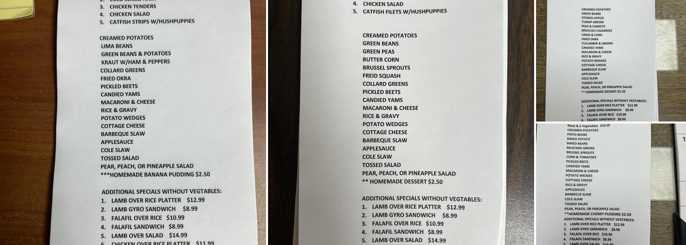 Bill's Truck Stop Menu