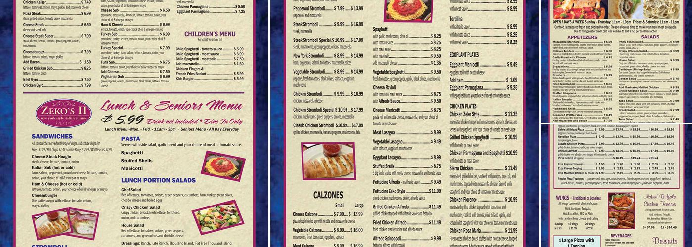 Zeko's Pizza II Menu