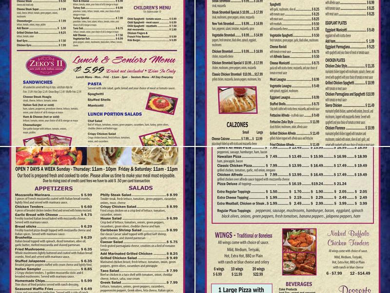 Zeko's Pizza II Menu