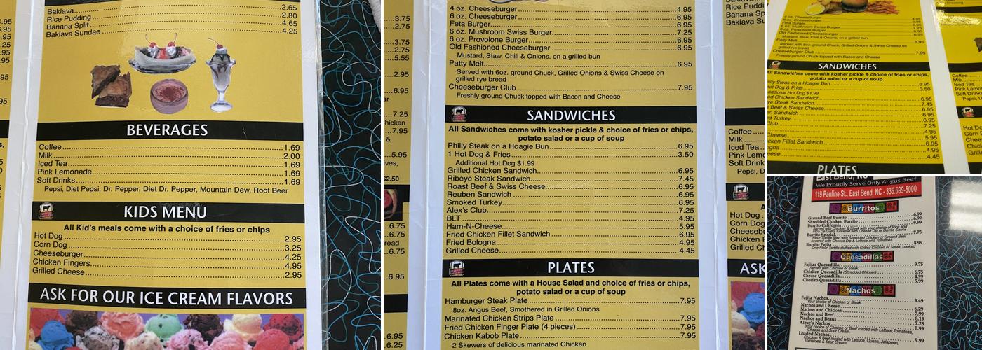 Alexe's Grill and Ice Cream Menu