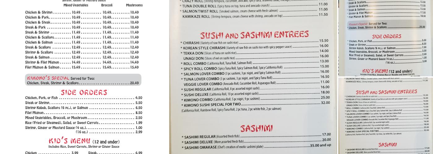 Kimono Japanese Restaurant And Sushi Bar Menu